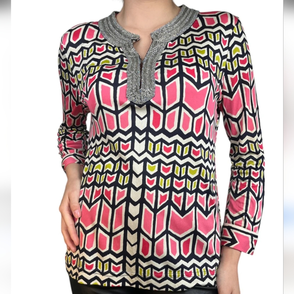 TORY BURCH Silk Jersey Multicolor Beaded Neckline Top M